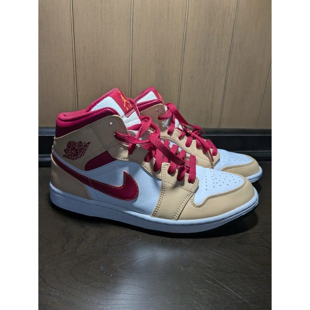 S9 Air Jordan 1 Mid Light Curry Cardinal Red Men's Size 10 Sneakers 554724-201
